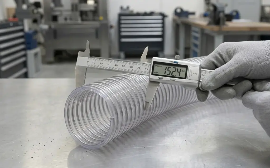 Misurazione del diametro interno di un tubo flessibile trasparente aspirazione con calibro, per verificare la compatibilita con i raccordi dell'impianto