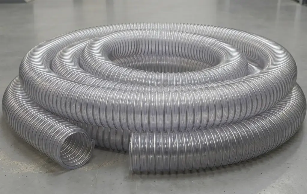 Rotolo di tubo flessibile trasparente aspirazione in PVC spiralato con rinforzo a spirale interna, per impianti di aspirazione industriale