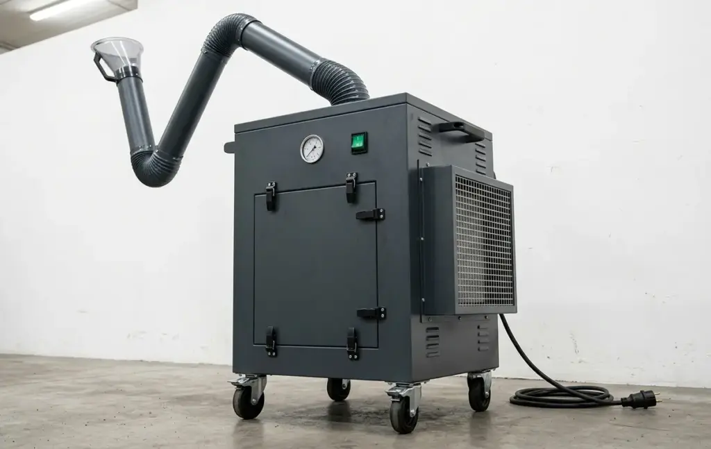 Estrattore portatile — abbattitore di fumi industriale con braccio di captazione flessibile e filtro HEPA per postazioni di saldatura in officina