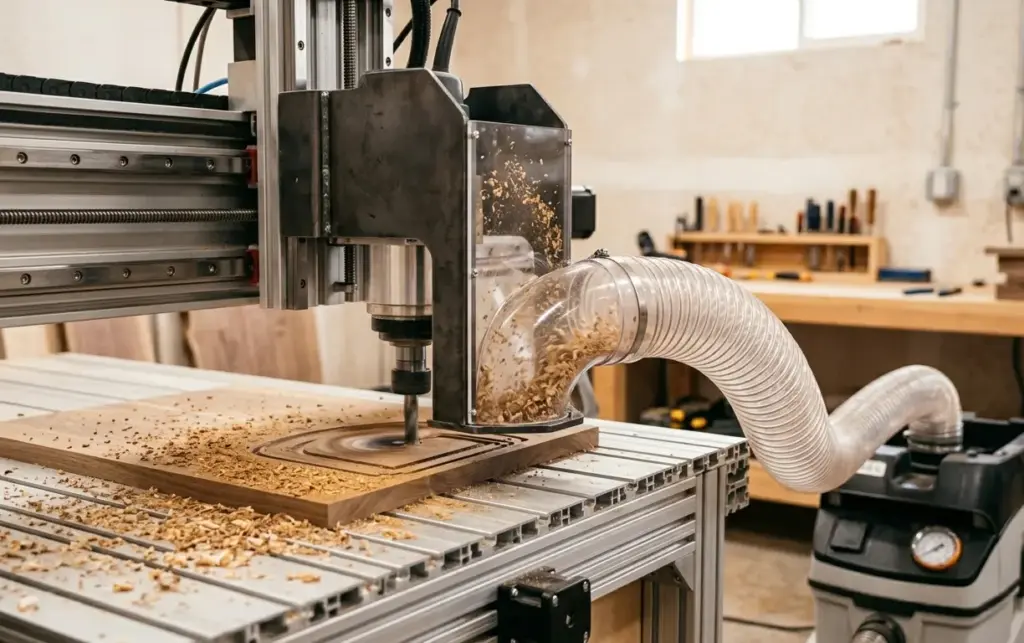 Cappa aspirante localizzata per aspirazione polveri di legno collegata a una macchina per la lavorazione del legno in falegnameria