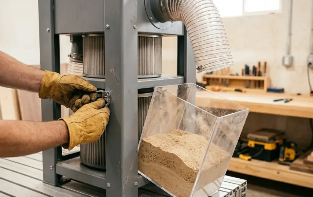 Manutenzione del filtro a sacco di un impianto di aspirazione polveri di legno industriale, con svuotamento del contenitore polveri