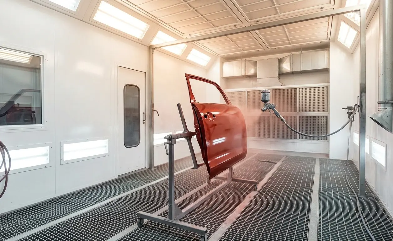 Tecnico che utilizza una cabina di verniciatura a secco per la verniciatura di un pannello carrozzeria in un'officina industriale