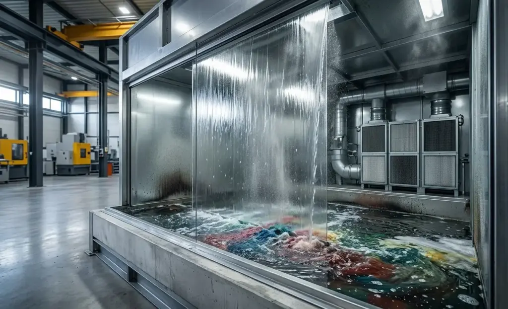 Vista interna di una cabina di verniciatura a velo d'acqua con flusso continuo d'acqua che abbatte l'overspray nella vasca sottostante