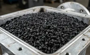 Letto di carbone attivo industriale in granuli all'interno di un filtro industriale per il trattamento dell'aria in un capannone produttivo