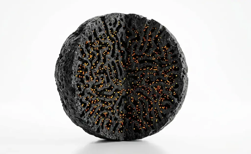 Sezione trasversale dei micropori di un granulo di carbone attivo industriale durante l'adsorbimento di composti organici volatili