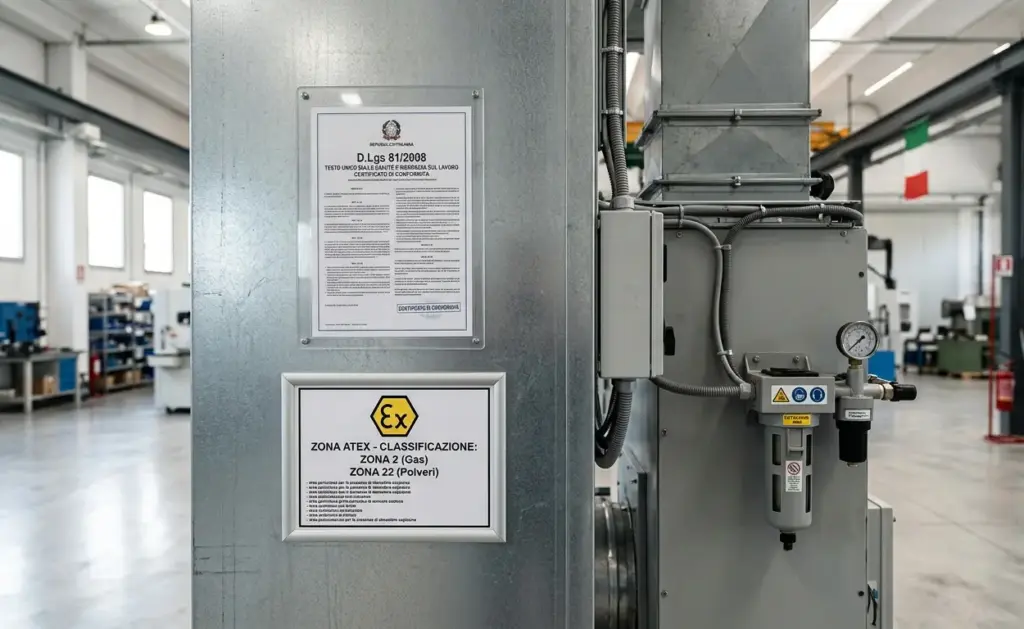 Certificato di conformità ATEX e segnaletica D.Lgs 81/2008 esposti all'ingresso di un reparto con cabina di verniciatura industriale