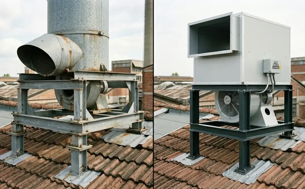 confronto torrino di estrazione aria naturale e meccanico in industria