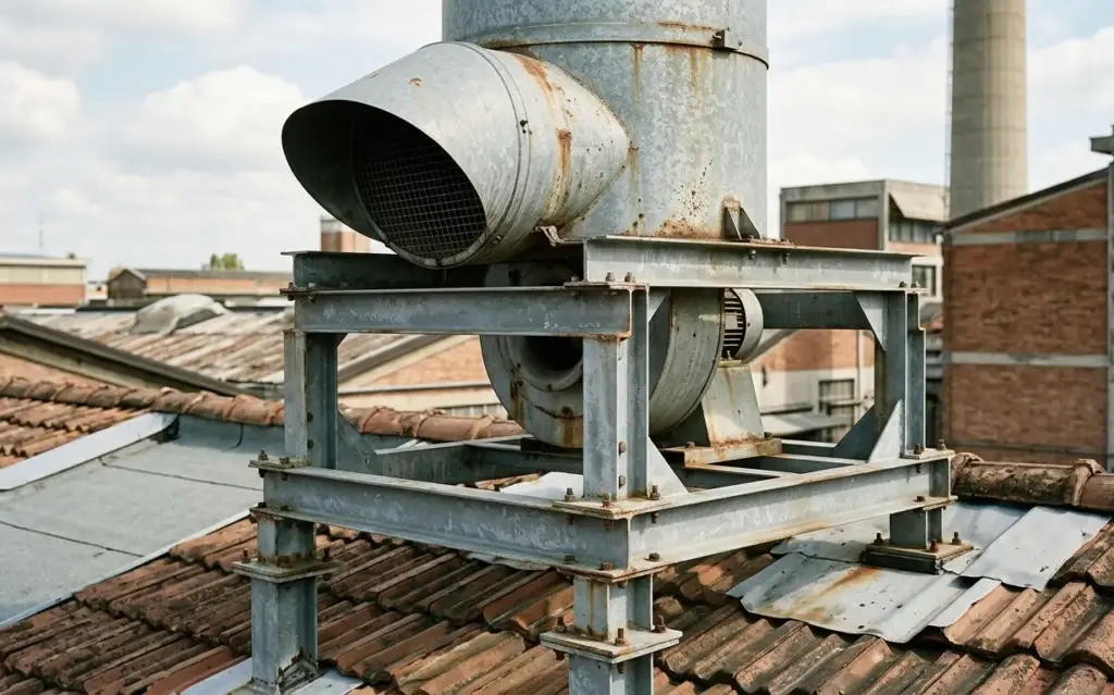 dettaglio torrino di estrazione aria su tetto industriale italiano