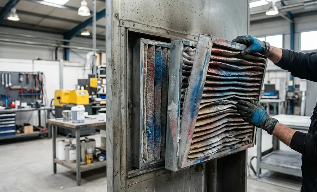 Operaio che sostituisce i filtri a secco di una cabina di verniciatura a secco dopo un ciclo di lavorazione in officina