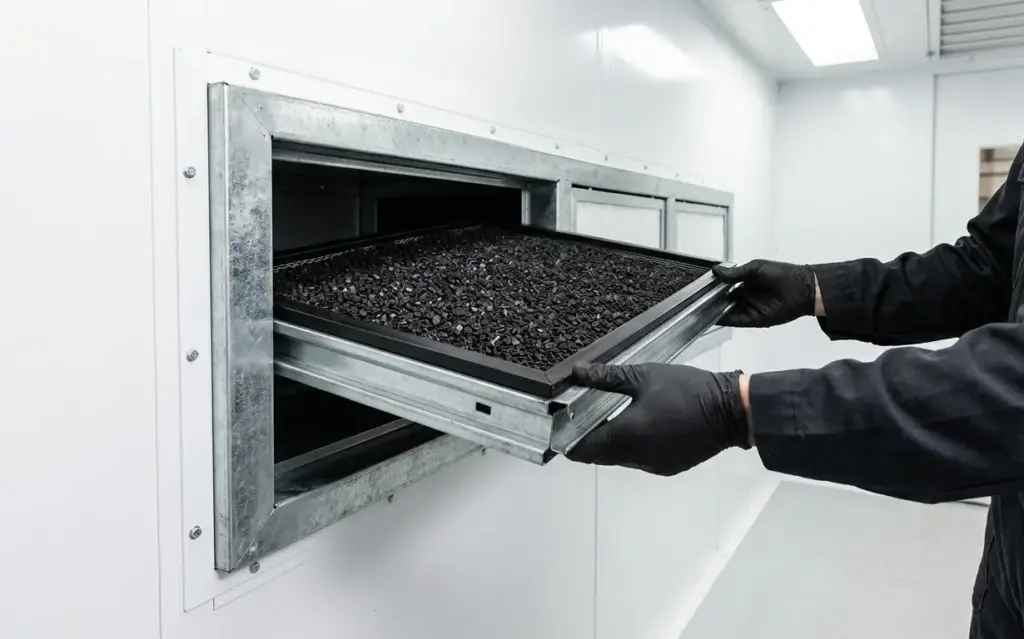 Tecnico che sostituisce un filtro a carbone attivo nella parete di una cabina di verniciatura industriale per l'abbattimento dei vapori di solvente