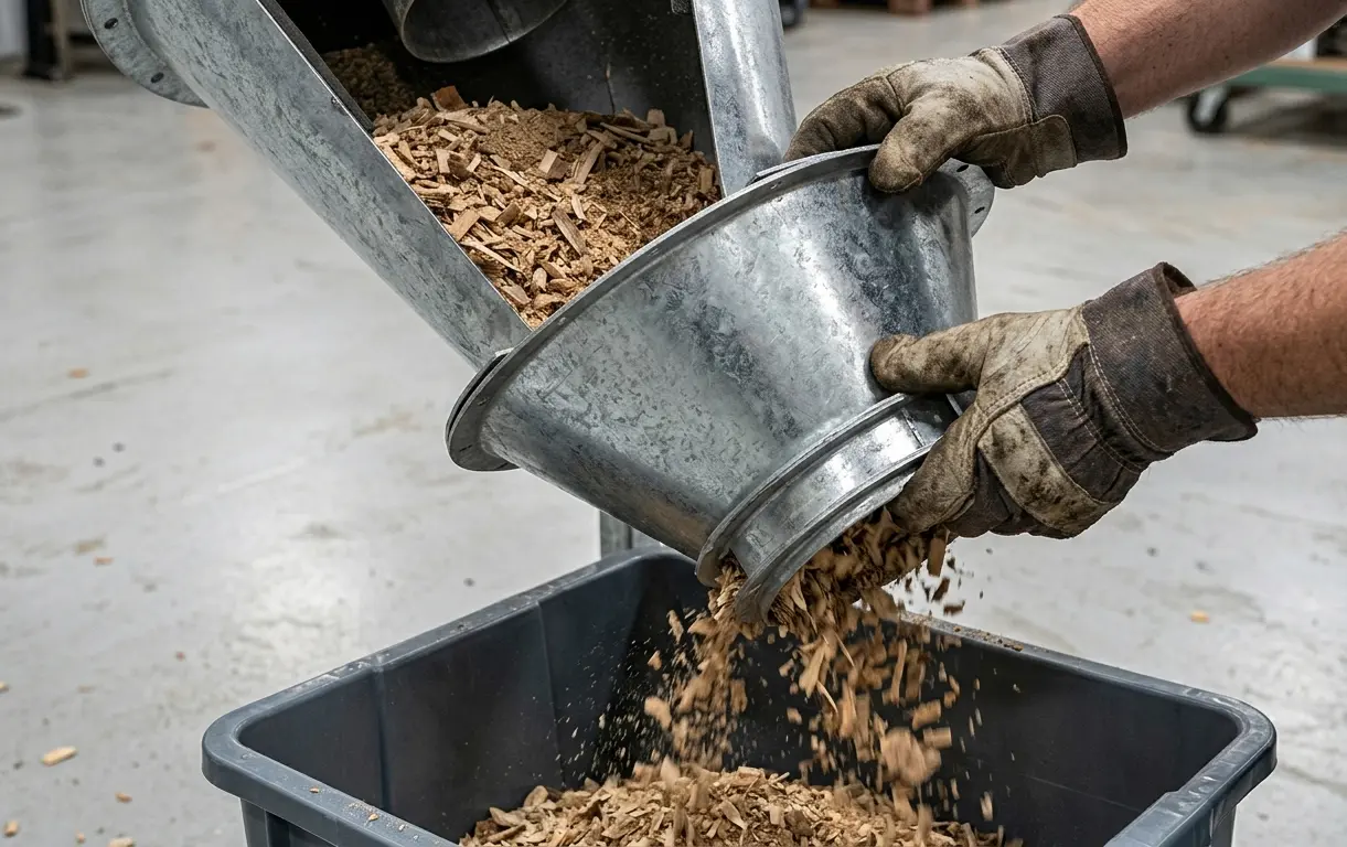Svuotamento della tramoggia di raccolta di un raffinatore industriale aspirazione: trucioli di legno e polveri separati dal ciclone durante la manutenzione ordinaria