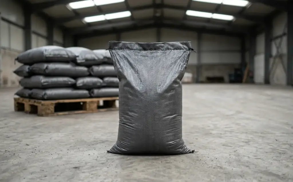 Sacco da 25 kg di carbone attivo industriale in granuli per sistemi di filtrazione aria, stoccato su pallet in magazzino industriale