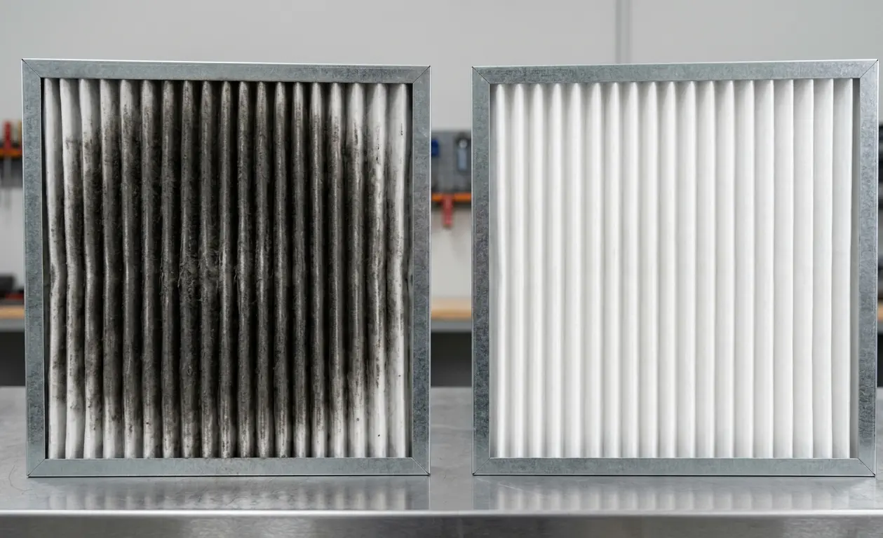 Confronto tra filtro F7 intasato e filtro F7 nuovo in un impianto HVAC industriale — manutenzione programmata nell'ambito della sanificazione impianti aeraulici