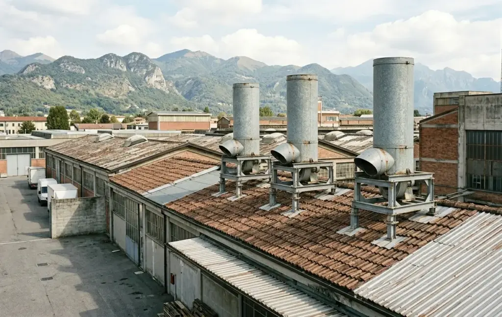 torrino di estrazione aria su capannone industriale in Italia