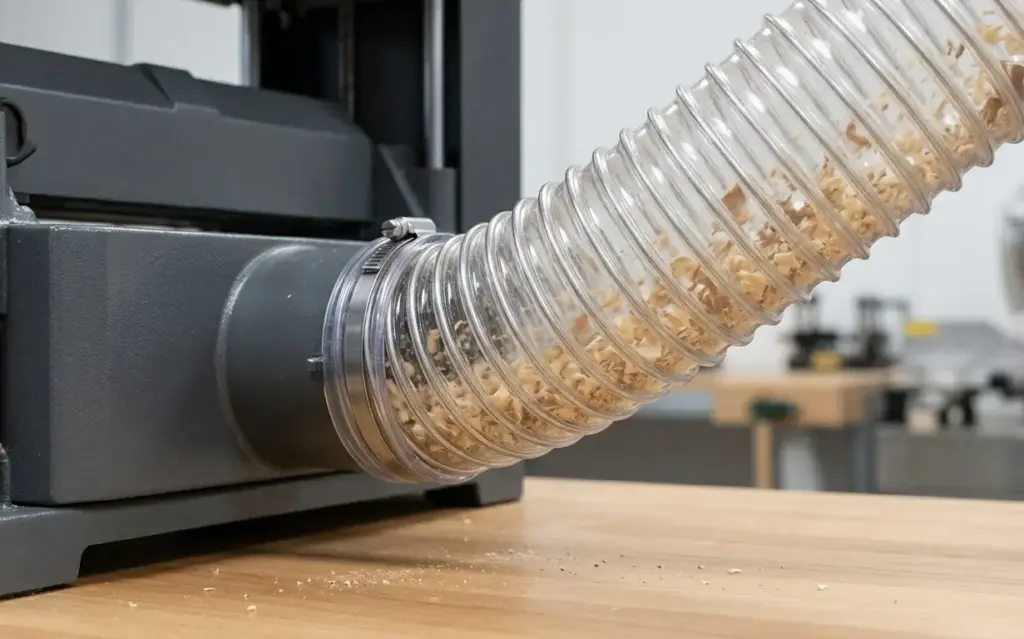 Tubo flessibile trasparente aspirazione in PVC collegato a una macchina per la lavorazione del legno in falegnameria, con trucioli visibili attraverso la parete trasparente