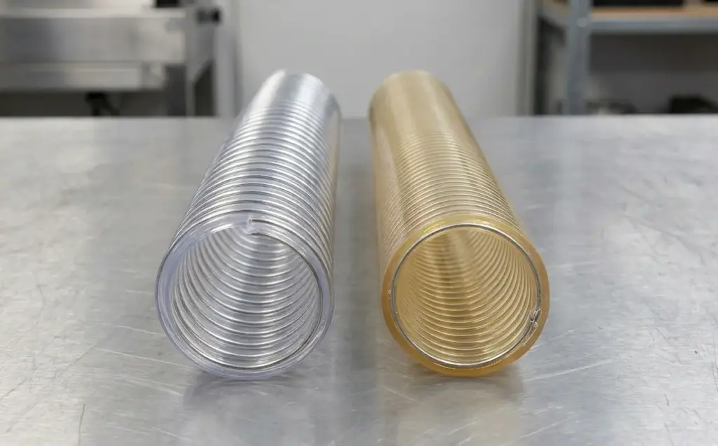 Confronto tra tubo flessibile trasparente aspirazione in PVC spiralato (sinistra) e in poliuretano (destra) per impianti industriali