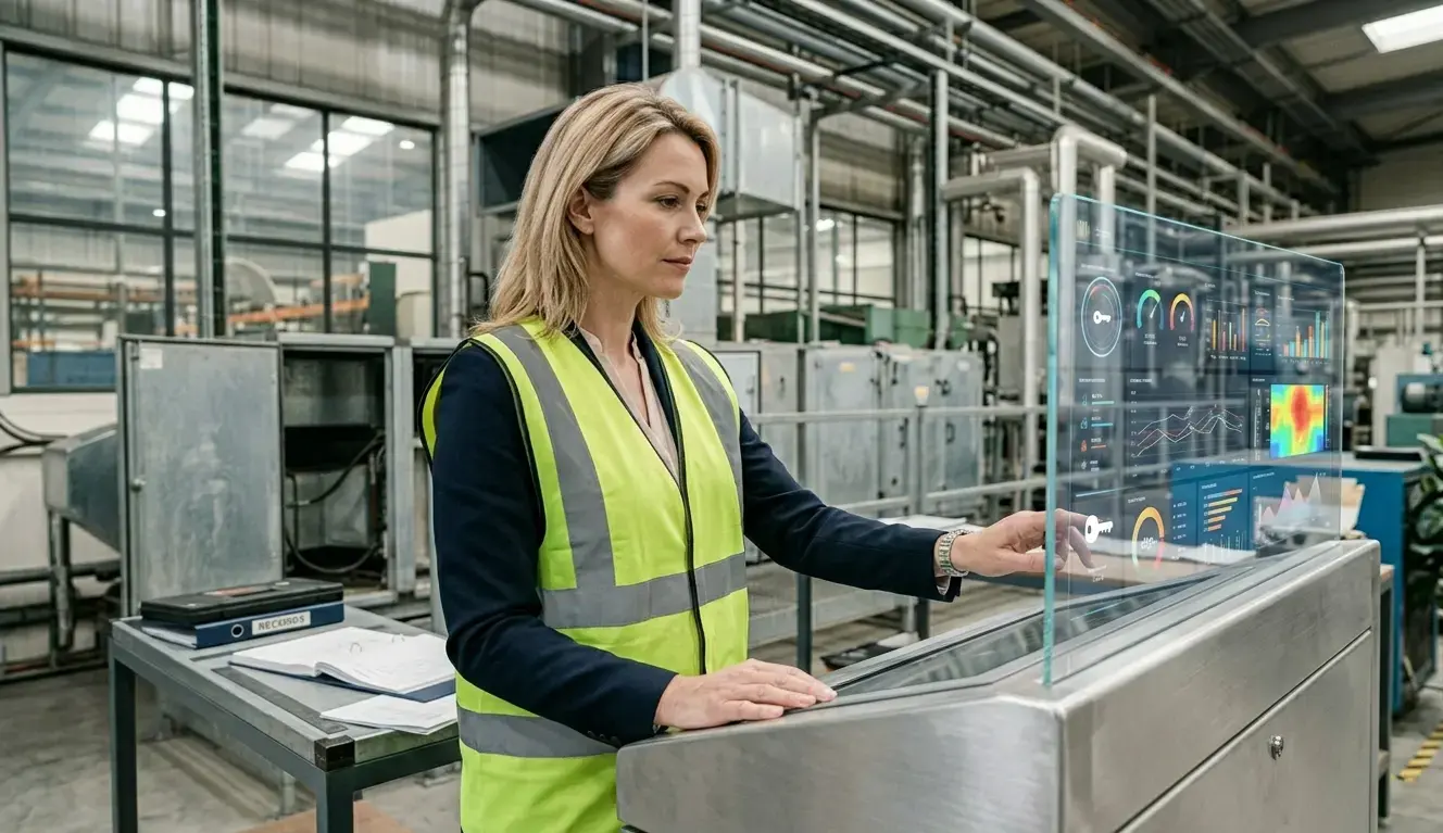 Energy manager AIRMEC analizza dati consumo energetico impianto aeraulico su dashboard BMS in sala controllo industriale dopo manutenzione programmata