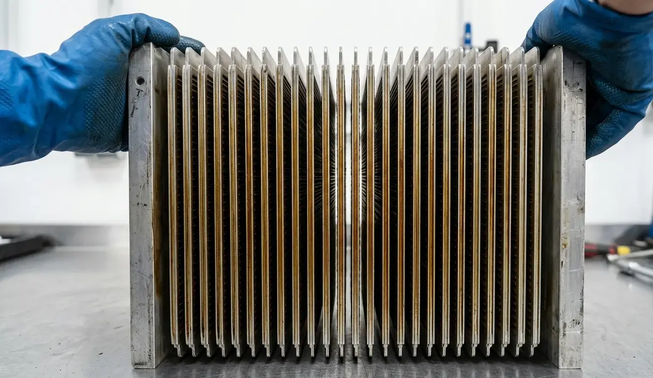 Piastre collettori di un precipitatore elettrostatico con deposito di nebbie oleose da lavorazioni CNC — estratte per pulizia periodica nell'officina meccanica