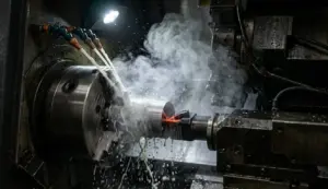 Nebbia oleosa generata nella zona di taglio di un centro CNC in officina meccanica — aerosol di olio refrigerante visibile nell'aria intorno all'utensile rotante