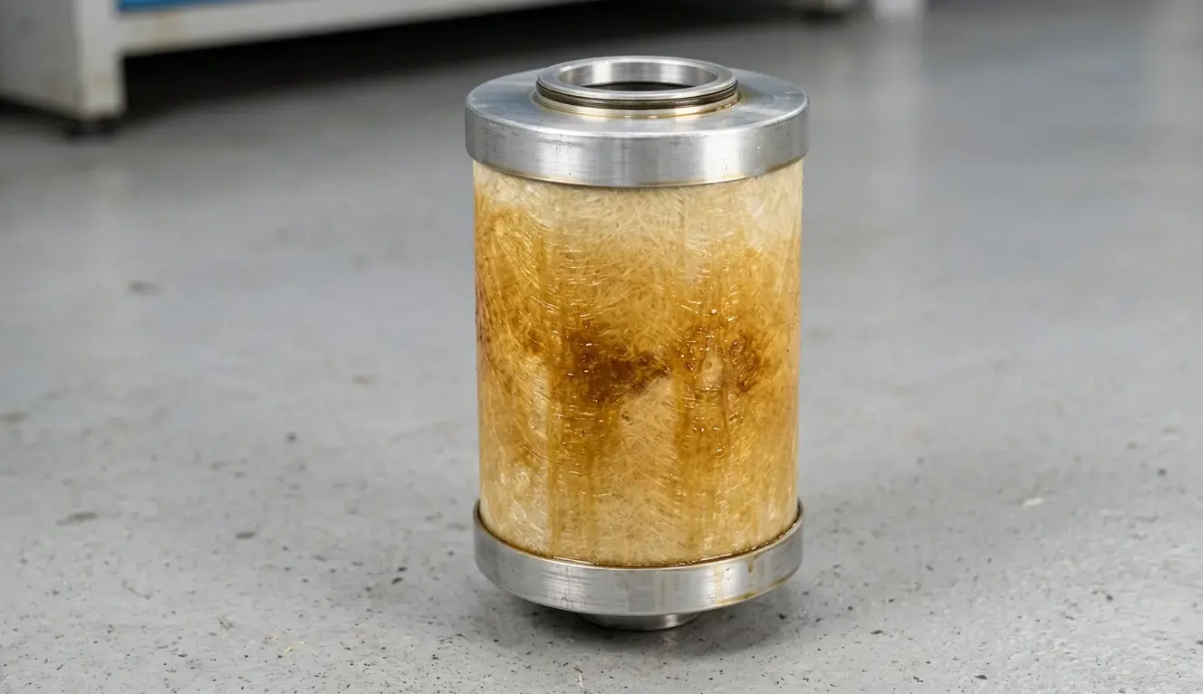 Elemento filtrante coalescente per abbattimento nebbie oleose officina: film di olio minerale visibile sulla superficie del mezzo filtrante in fibra di vetro