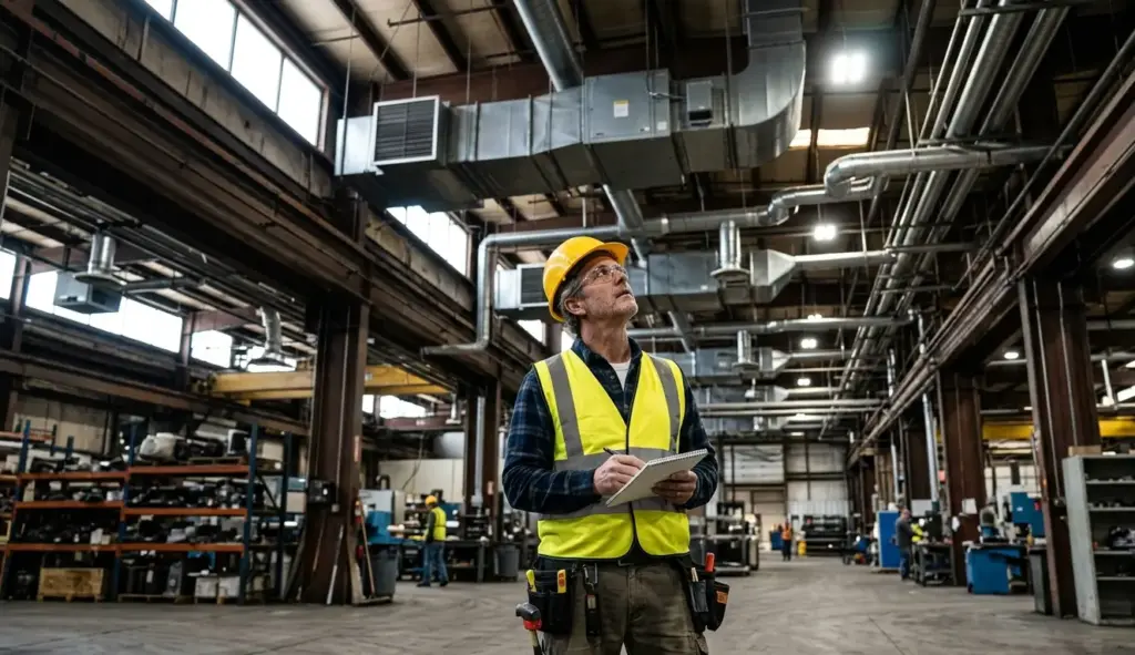 Ingegnere AIRMEC esamina sistema di ventilazione industriale con condotte a soffitto e unità di trattamento aria in grande capannone produttivo
