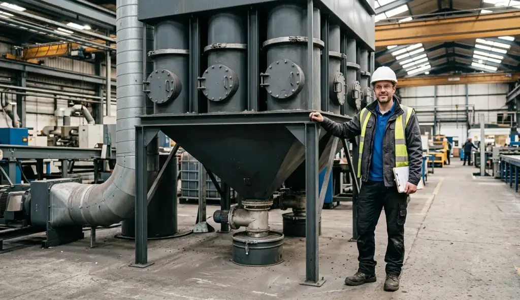 Ingegnere AIRMEC ispeziona depolveratore industriale a filtro a maniche con tramoggia di raccolta polveri in stabilimento produttivo