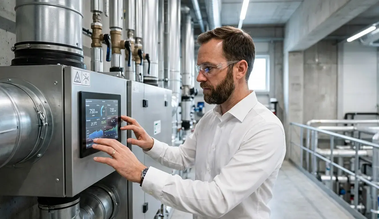 Ingegnere esamina display monitoraggio energetico su unità VMC con recupero calore in stabilimento industriale moderno per ottimizzazione consumi