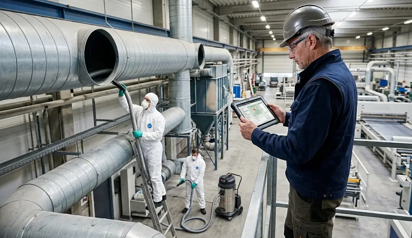 Responsabile AIRMEC supervisiona bonifica impianti aeraulici industriali con tablet dati ispezione in grande stabilimento produttivo