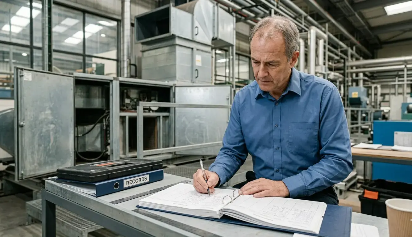 Responsabile stabilimento aggiorna registro manutenzione impianti aeraulici dopo intervento di ispezione filtri con impianto ventilazione sullo sfondo