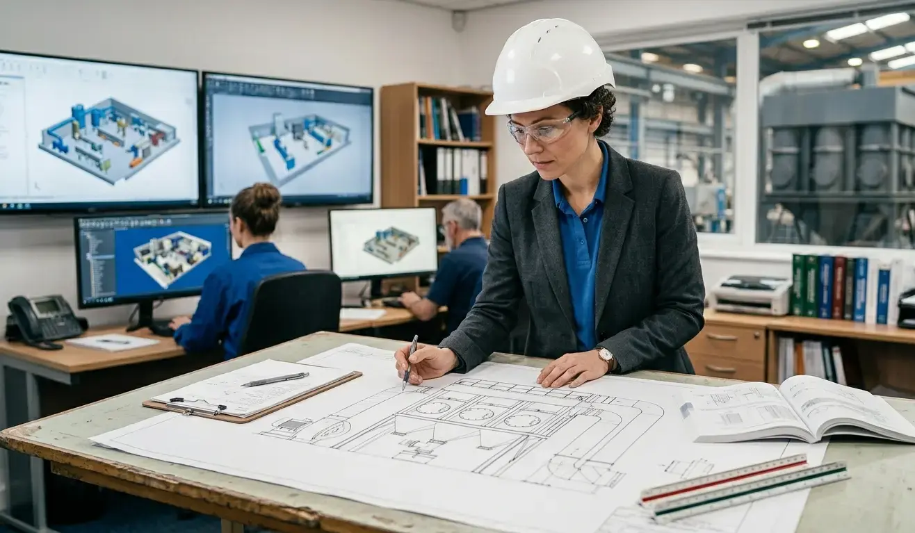 Ingegnere AIRMEC revisiona tavole tecniche progetto impianto depolverazione industriale su misura in ufficio tecnico prima dell'installazione in stabilimento