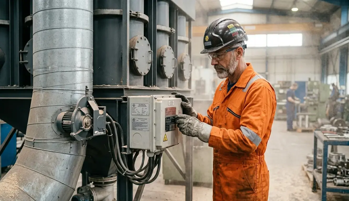 Specialista ATEX esamina componenti antideflagranti certificati su impianto depolverazione industriale in falegnameria con polveri di legno in sospensione