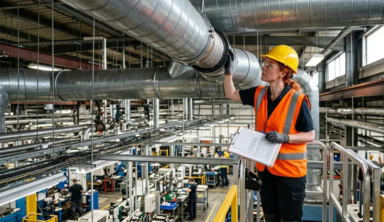 Tecnica AIRMEC con appunti controlla connessioni condotte aerauliche di ventilazione industriale nello spazio tecnico del soffitto di stabilimento