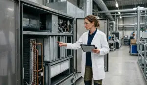 Tecnica AIRMEC ispeziona unità di trattamento aria UTA aperta con filtri interni visibili in stabilimento produttivo moderno