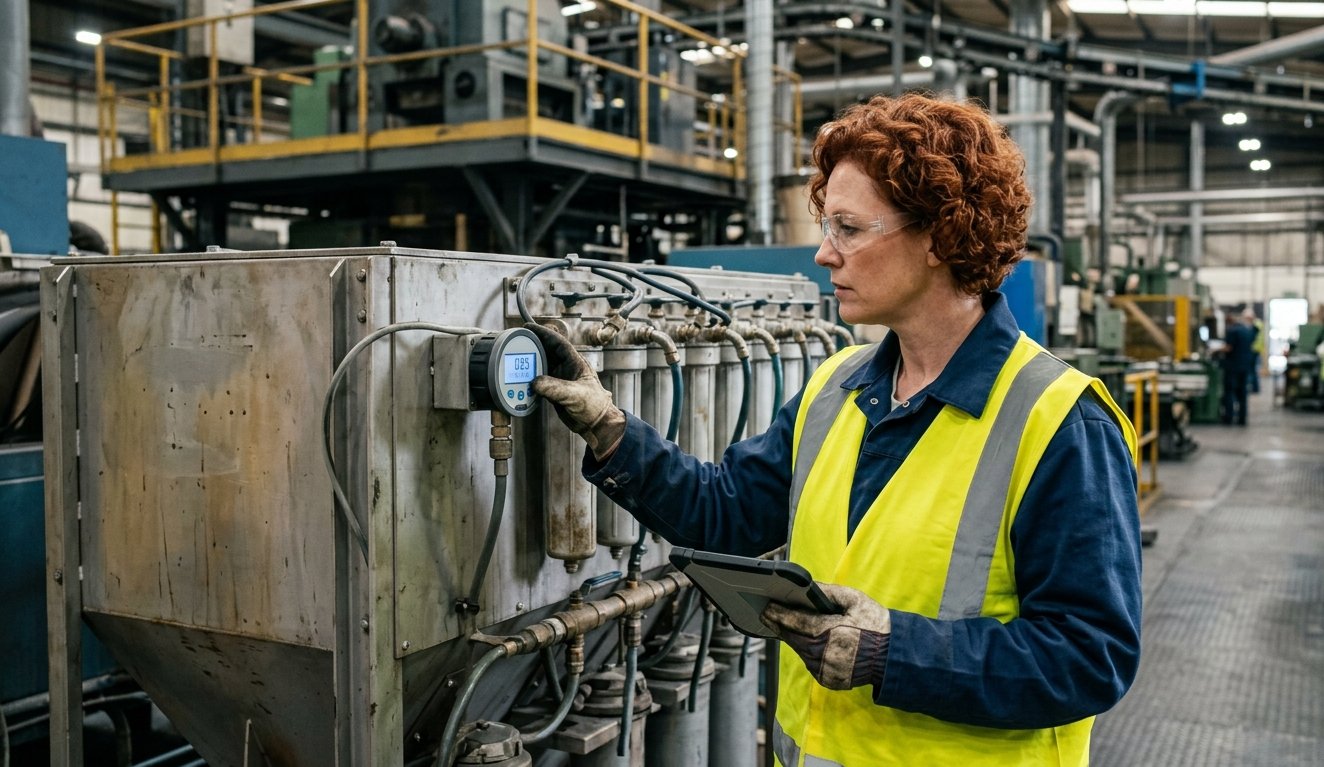 Tecnica AIRMEC legge manometro differenziale digitale su sistema di filtrazione polveri industriale per monitoraggio perdita di carico filtri