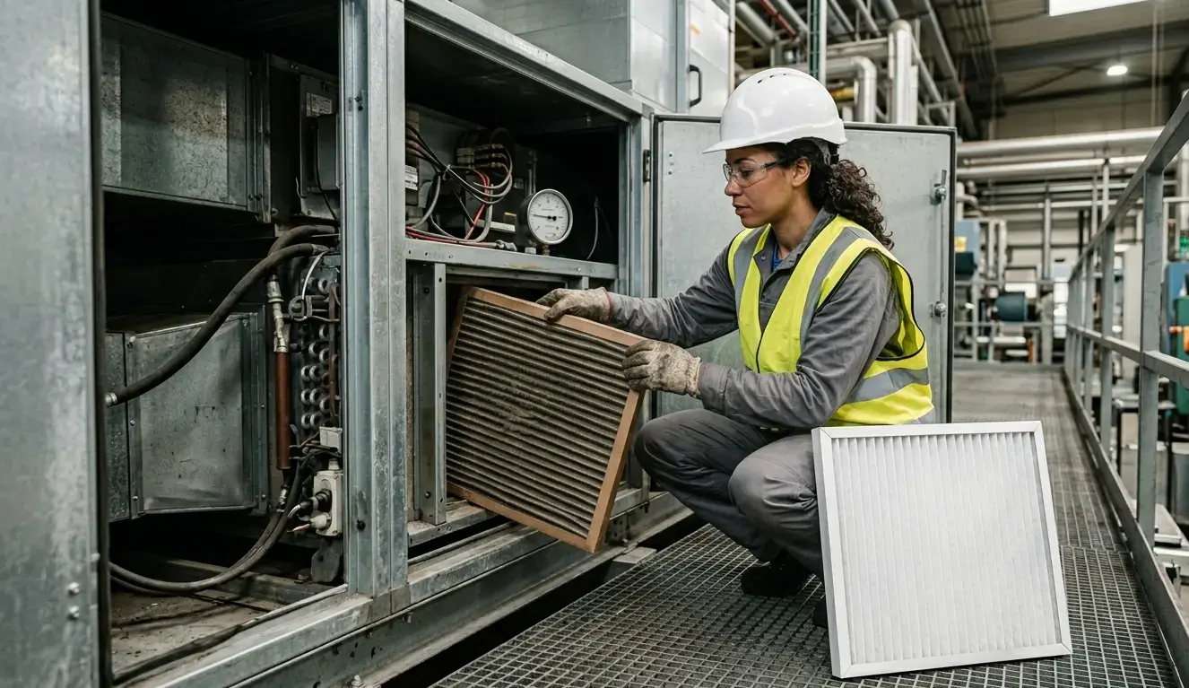 Tecnica legge manometro differenziale su housing filtro aeraulico per verifica perdita di carico durante manutenzione programmata in stabilimento industriale