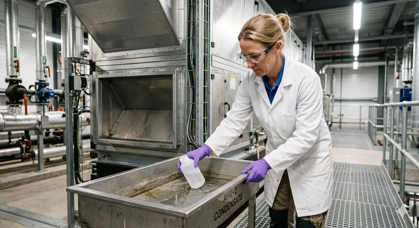 Tecnica preleva campione acqua dalla vasca di condensa UTA per analisi microbiologica Legionella in stabilimento industriale