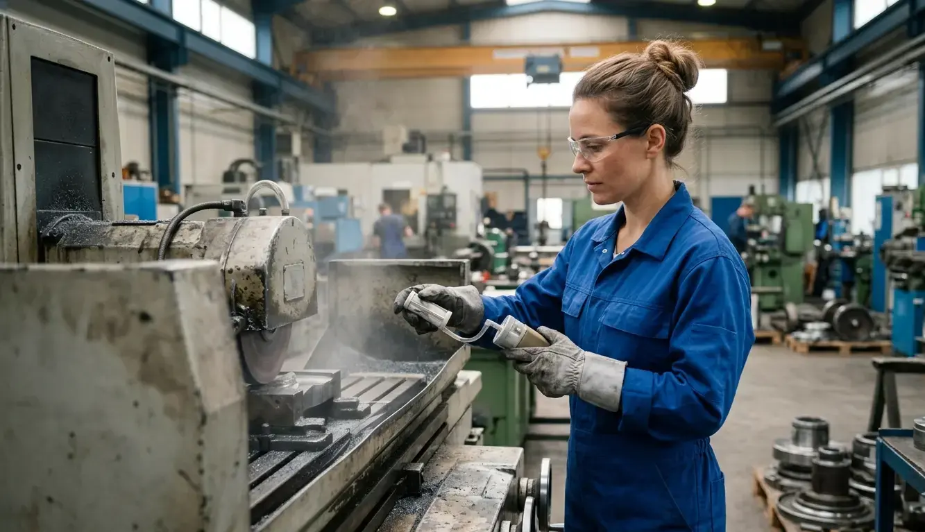 Tecnica preleva campione aria per misurazione VLEP polveri industriali vicino a macchina rettificatrice in officina metalmeccanica per conformità D.Lgs 81