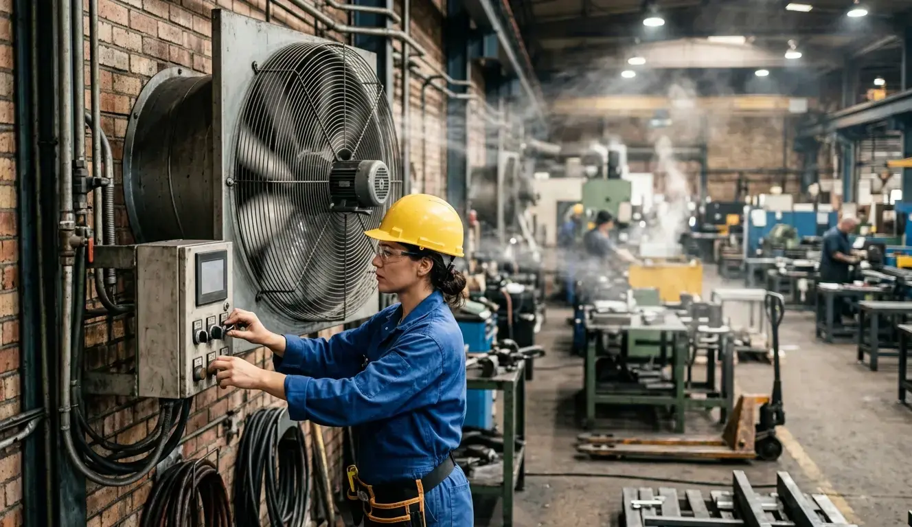 Tecnica regola pannello di controllo di ventilatore assiale industriale a parete per ventilazione forzata in reparto produttivo di stabilimento