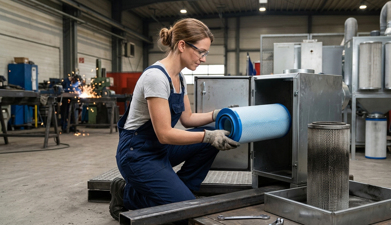 Tecnica sostituisce filtro a cartucce esausto in depolveratore industriale aperto affiancando elemento sporco a filtro pulito in officina metalmeccanica
