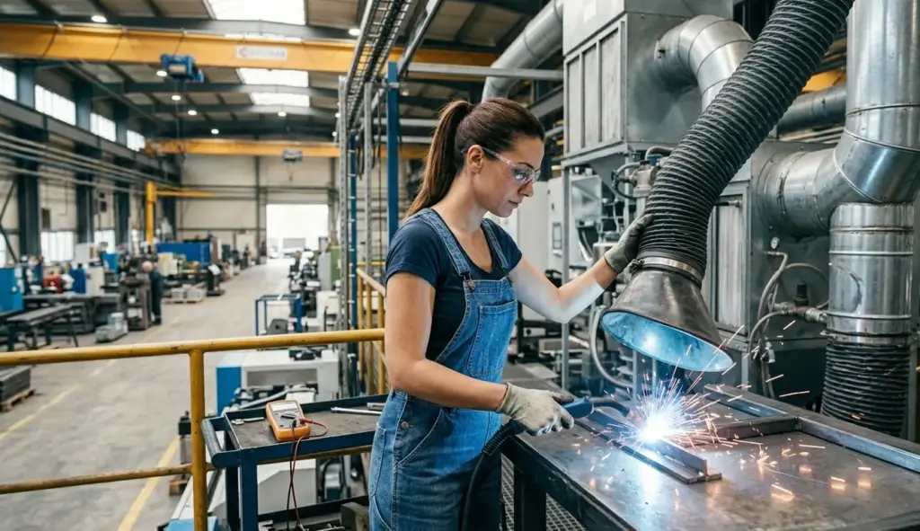 Tecnica utilizza braccio aspirante localizzato per la captazione di fumi saldatura su banco di lavoro in officina metalmeccanica