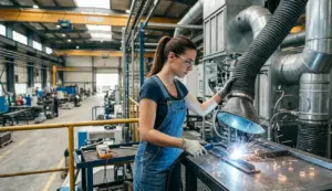 Tecnica utilizza braccio aspirante localizzato per la captazione di fumi saldatura su banco di lavoro in officina metalmeccanica