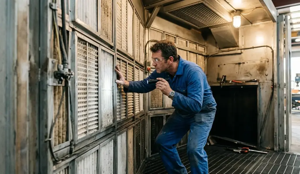 Tecnico AIRMEC ispeziona i filtri cabina verniciatura a secco: filtro Andreae e fibra di vetro installati sulla parete aspirante