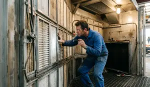 Tecnico AIRMEC ispeziona i filtri cabina verniciatura a secco: filtro Andreae e fibra di vetro installati sulla parete aspirante