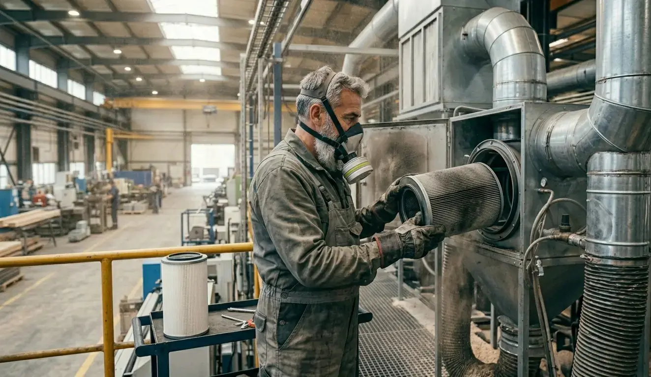 Tecnico esamina unità di aspirazione industriale certificata ATEX per polveri combustibili in falegnameria industriale con polvere nell'aria