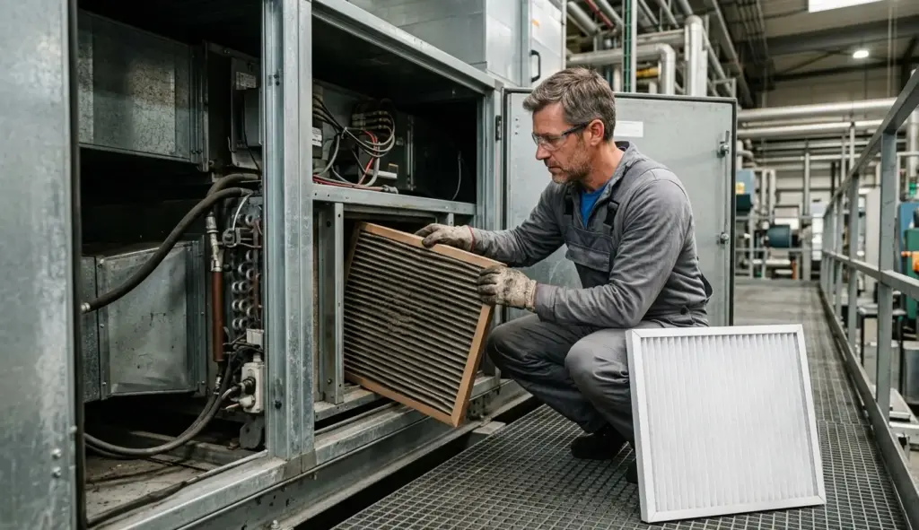 Tecnico AIRMEC sostituisce filtro esausto in unità di trattamento aria UTA industriale durante intervento programmato di manutenzione impianti aeraulici