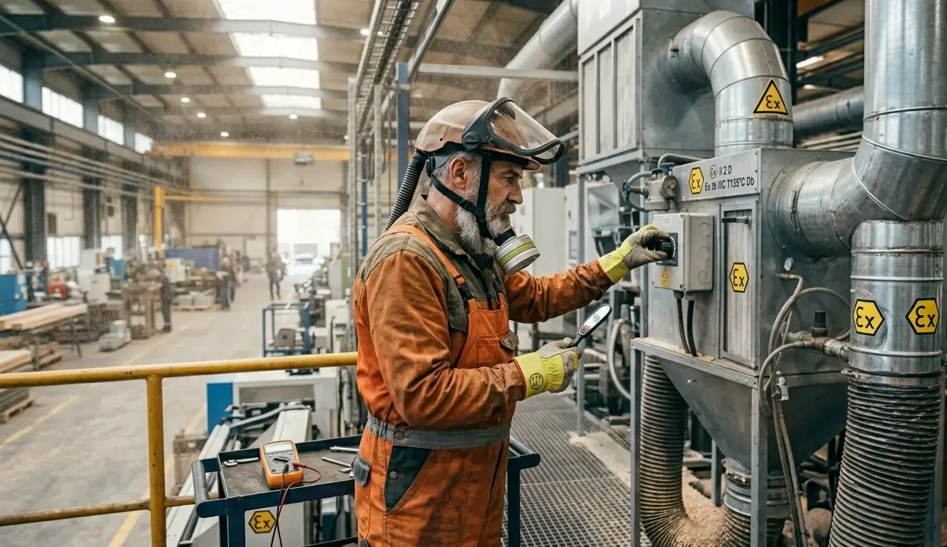 Tecnico AIRMEC sostituisce filtro a cartuccia in impianto di aspirazione industriale durante intervento di manutenzione programmata
