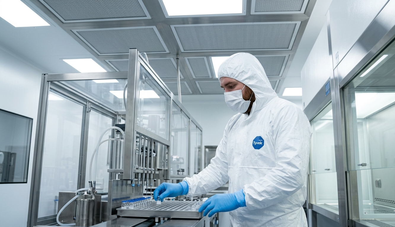 Tecnico farmaceutico in tuta cleanroom lavora sotto pannelli filtranti HEPA H14 a flusso laminare in zona di riempimento asettico GMP