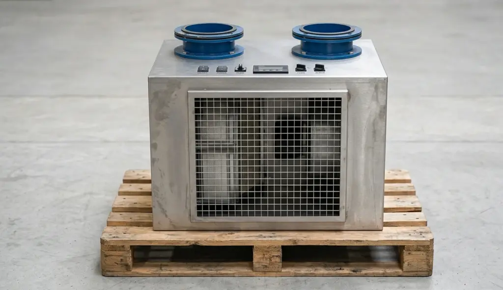 Abbattitore di fumi e fuliggine AIRMEC in acciaio inox con doppio ingresso per canne fumarie