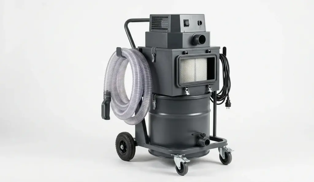 Aspiratore carrellato industriale AIRMEC con cartuccia filtrante, tamburo di raccolta da 60 litri e tubo flessibile in PVC spiralato per aspirazione polveri in officina