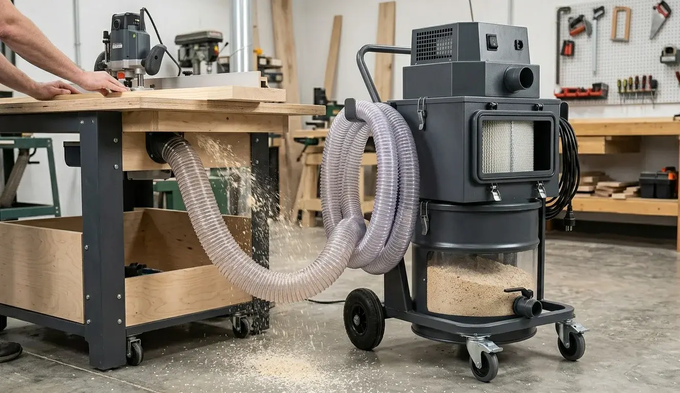 Aspiratore carrellato industriale collegato alla porta di aspirazione di una fresatrice per legno: captazione polveri alla fonte in falegnameria